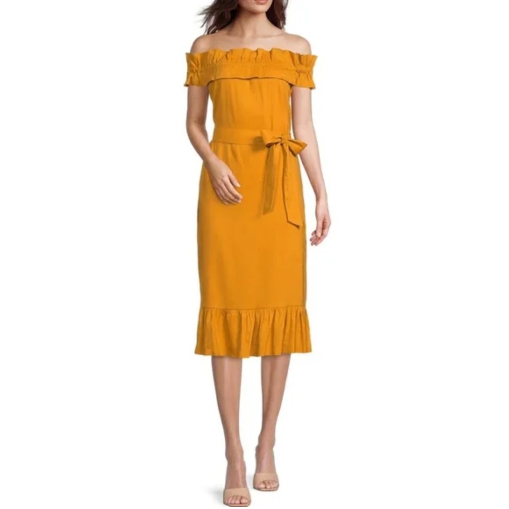 Antonio Melani Elina Ruffle Off-the-Shoulder Tie Waist Midi Dress‎ Orange - 8